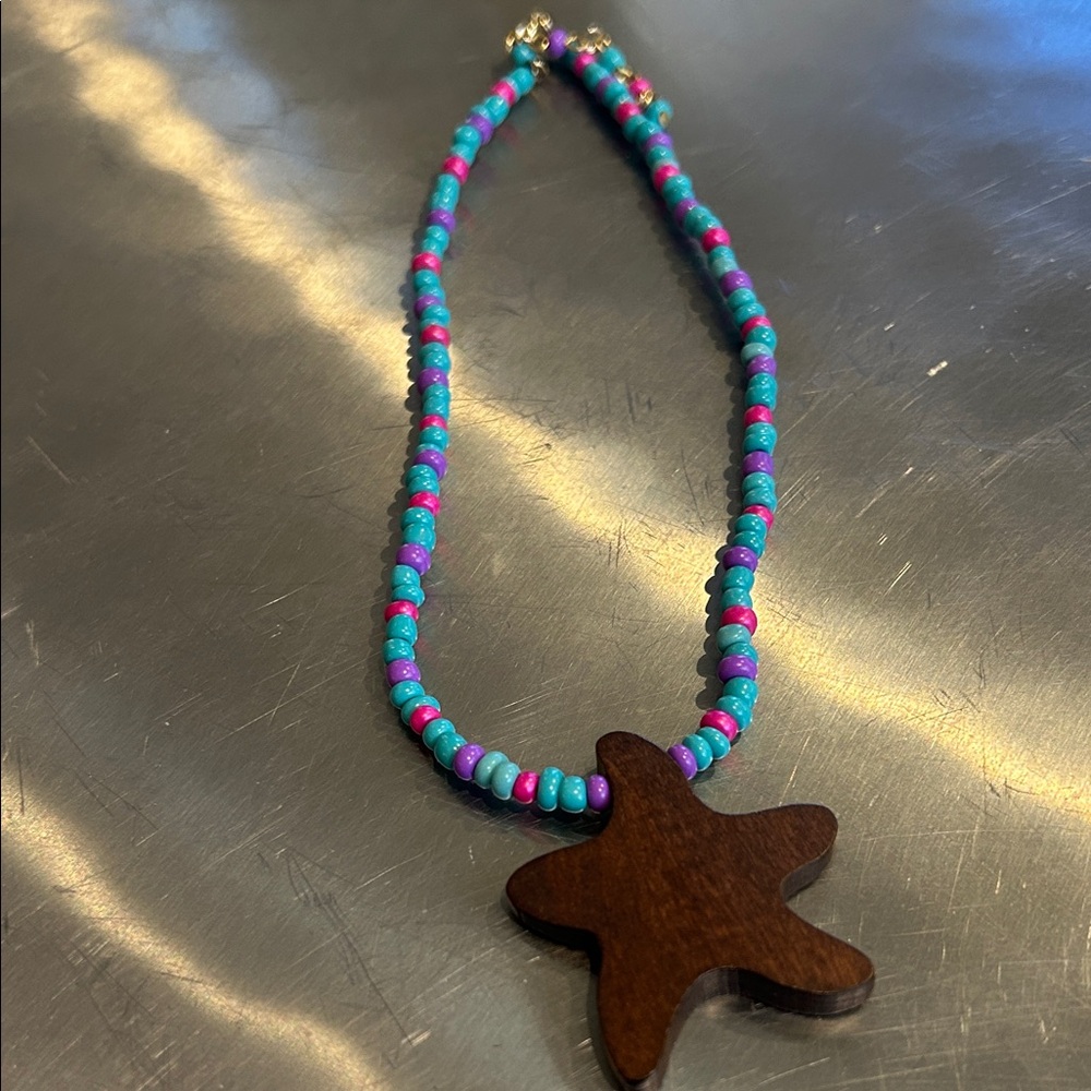 Colorful Beaded Necklace with wooden Starfish Pendant